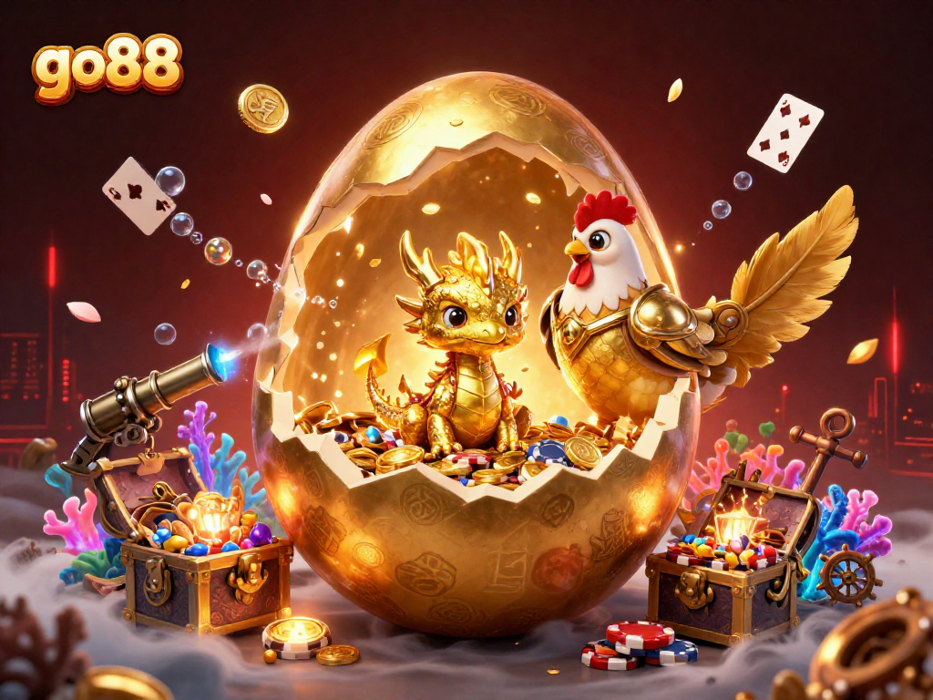 Experience thrilling gameplay at go88 with a gold dragon surrounded by treasure and poker elements.