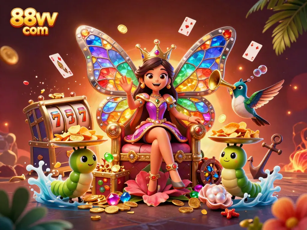 Experience the enchantment of 88vv com with a vibrant illustration showcasing casino elements and lively characters.