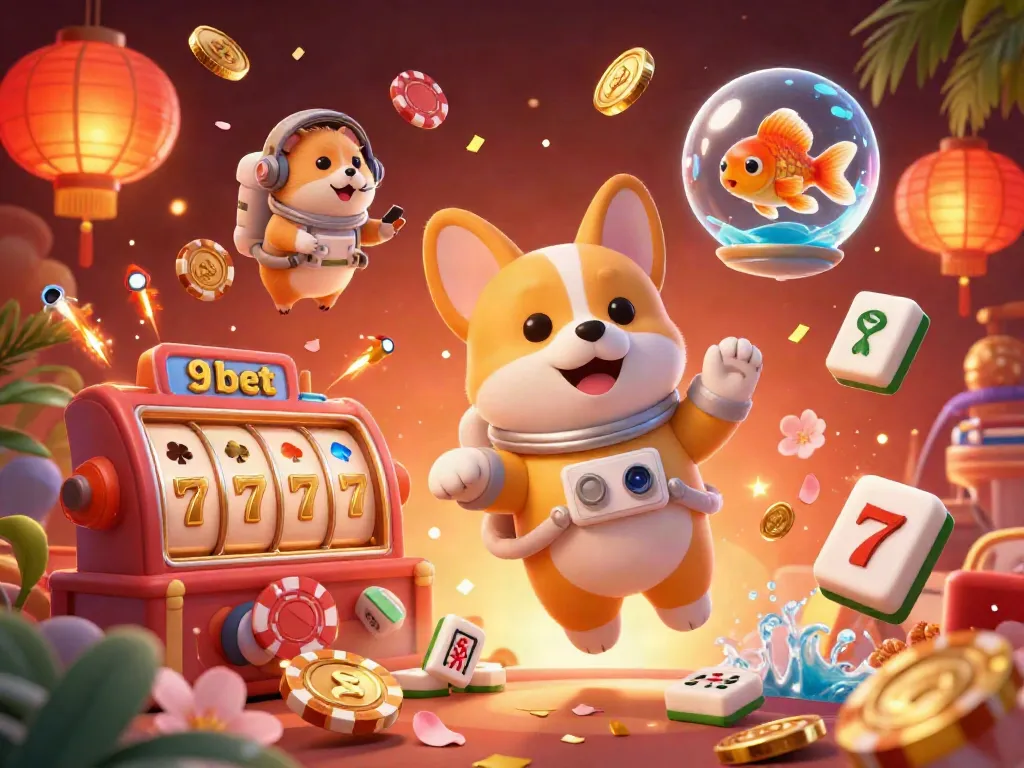 Engage with 9bet in a lively casino scene featuring a cartoon astronaut corgi and vibrant game elements.