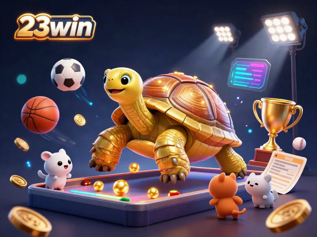 Experience thrilling gameplay at 23win with a vibrant scene of a golden tortoise pinball machine surrounded by excited animals.