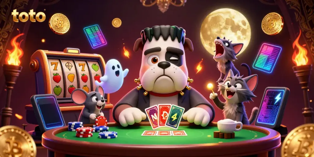 Engage with the fun of toto gaming featuring a Frankenstein bulldog in a vibrant casino scene.