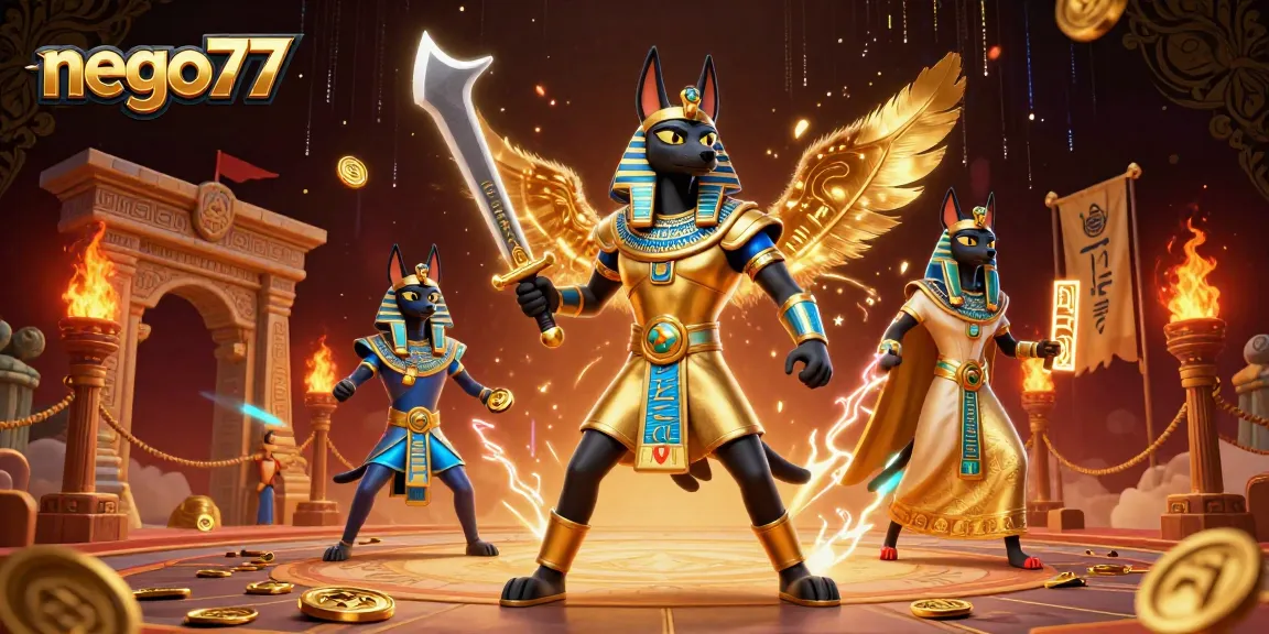 Experience the excitement of nego77 with Anubis and Bastet in a dynamic casino-themed scene.