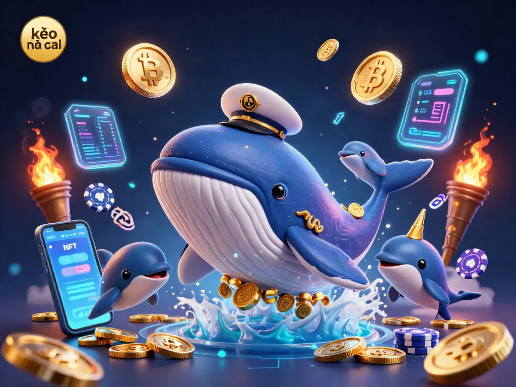 Bet on kèo nhà cái with a vibrant scene featuring a giant whale, narwhal, and dolphins amidst coins and crypto elements.