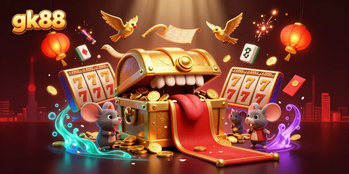 Engage with gk88's vibrant casino scene featuring dynamic slot reels and treasure luring adventure.