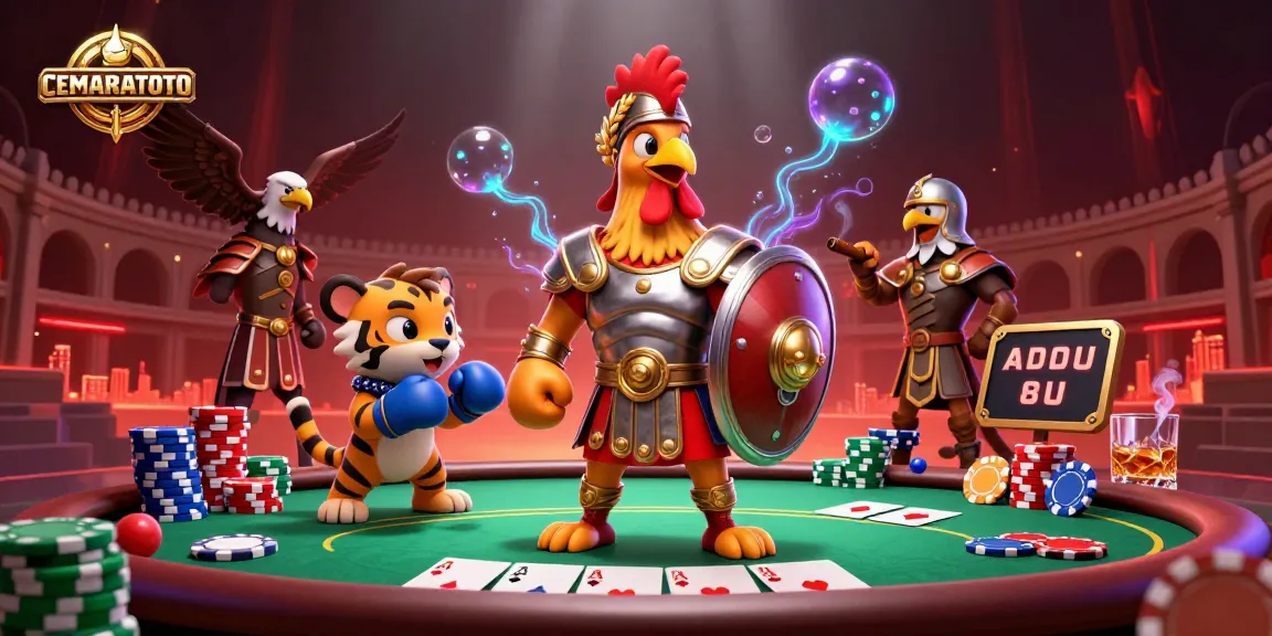 CEMARATOTO showcases a vibrant 3D scene with a gladiator rooster and poker elements, highlighting exciting gameplay.