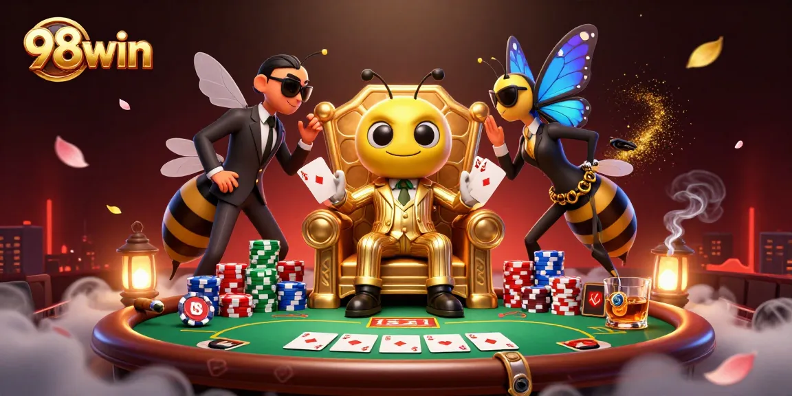 Engage with 98win's exciting poker scene showcasing characters and vibrant gaming elements.