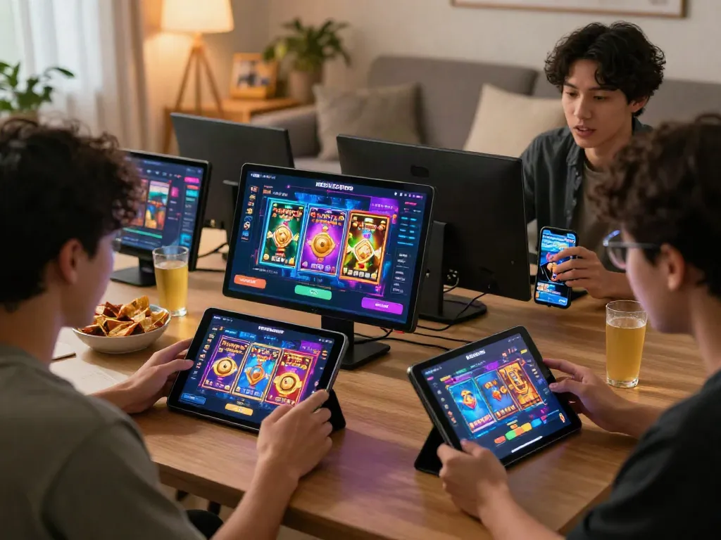 Koitoto online gaming experience with players enjoying slot games on modern devices in a cozy setting.