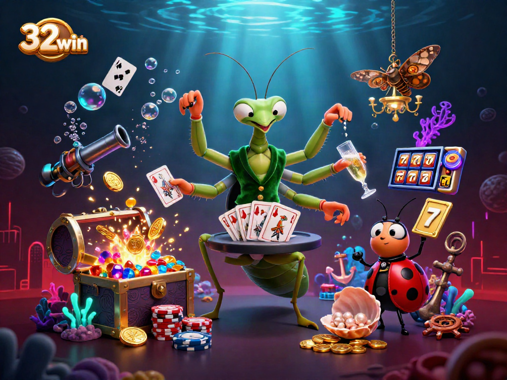 Experience thrilling wins at 32win with vibrant casino action, featuring colorful characters and slot elements.