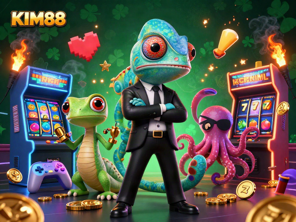 Engage with KIM88's vibrant casino scene featuring thrilling slot elements and dynamic characters.