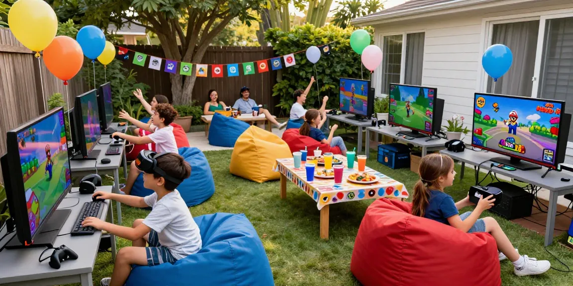 Excited children enjoying a video gaming party in a vibrant outdoor setting with gaming consoles and decorations.