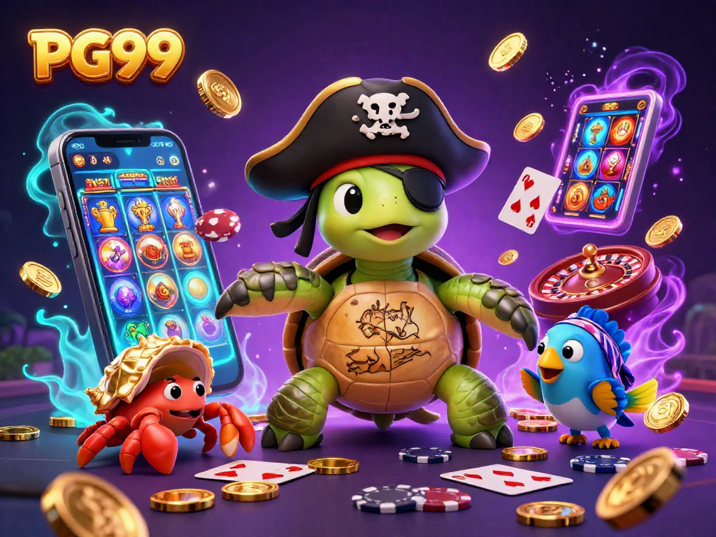 Engage in the thrilling atmosphere of PG99 with a vibrant pirate turtle and dynamic casino elements.