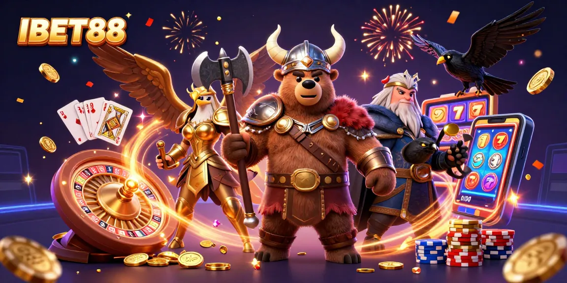 Experience thrilling games at IBET88 with a captivating 3D casino illustration featuring dynamic elements and gold coins.