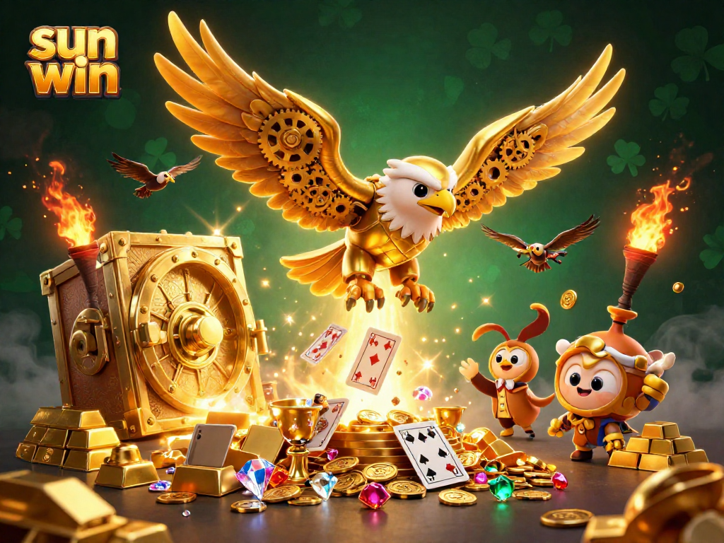 Experience the thrill of sun win as a golden eagle dives through holographic cards in a rich casino scene.