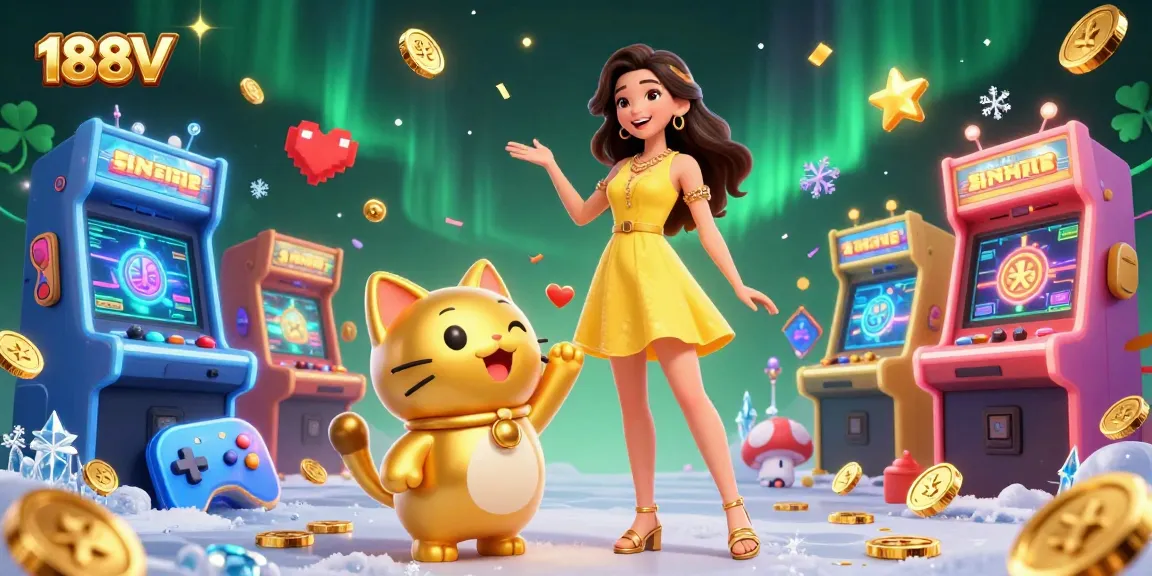 Experience exciting games and winning chances with 188V's vibrant casino illustration featuring a lucky cat and golden coins.