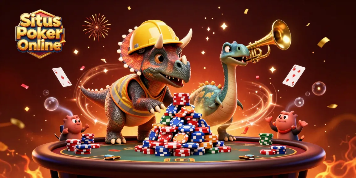 Situs Poker Online engaging scene with a triceratops building poker chip pyramids, festive elements surrounding