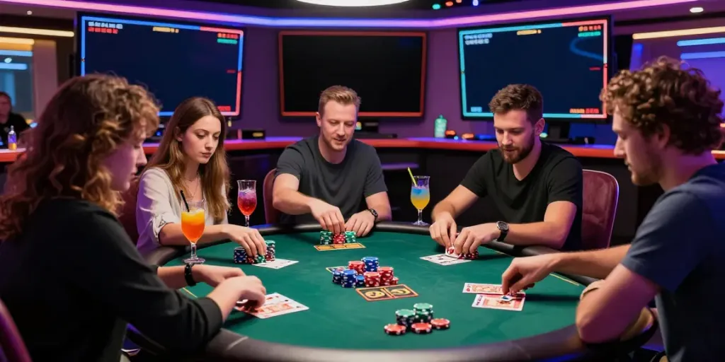 9bet players enjoying a competitive card game in a vibrant casino setting.