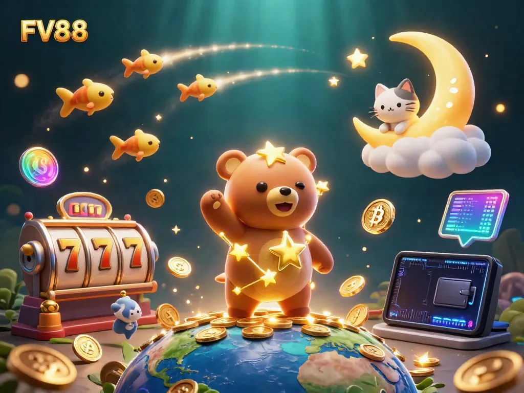 Experience the thrill of FV88 with dynamic slot game elements and stars in a rich, vibrant illustration.