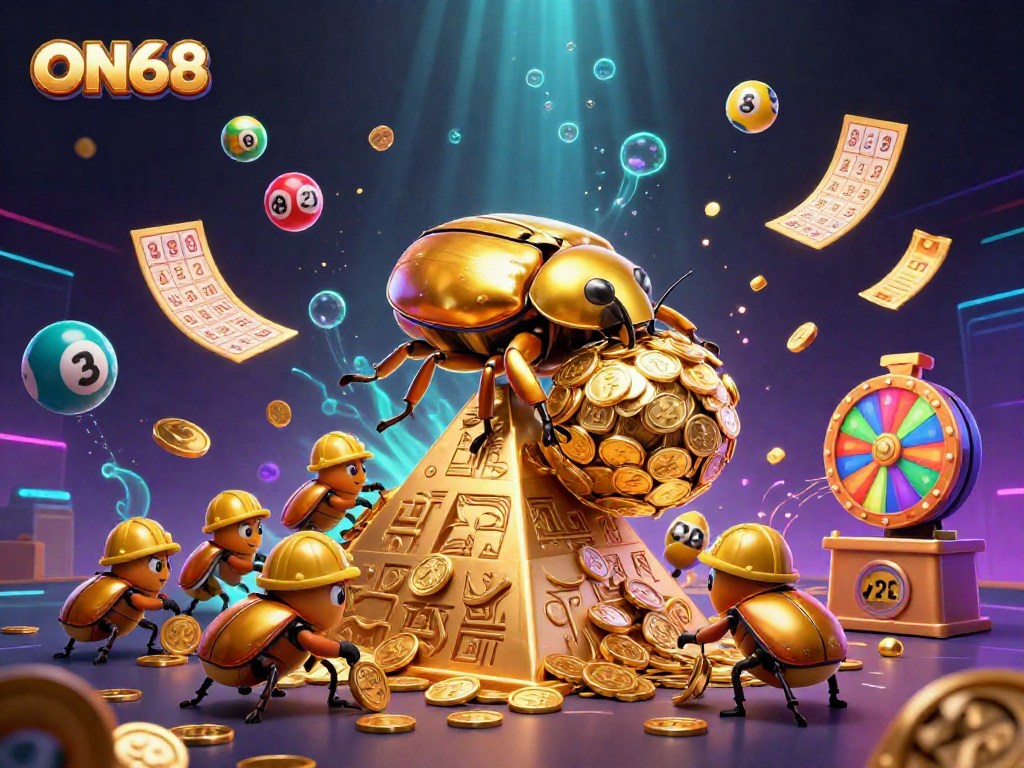 Win exciting prizes with ON68 as golden beetles roll treasures in a vibrant casino landscape.