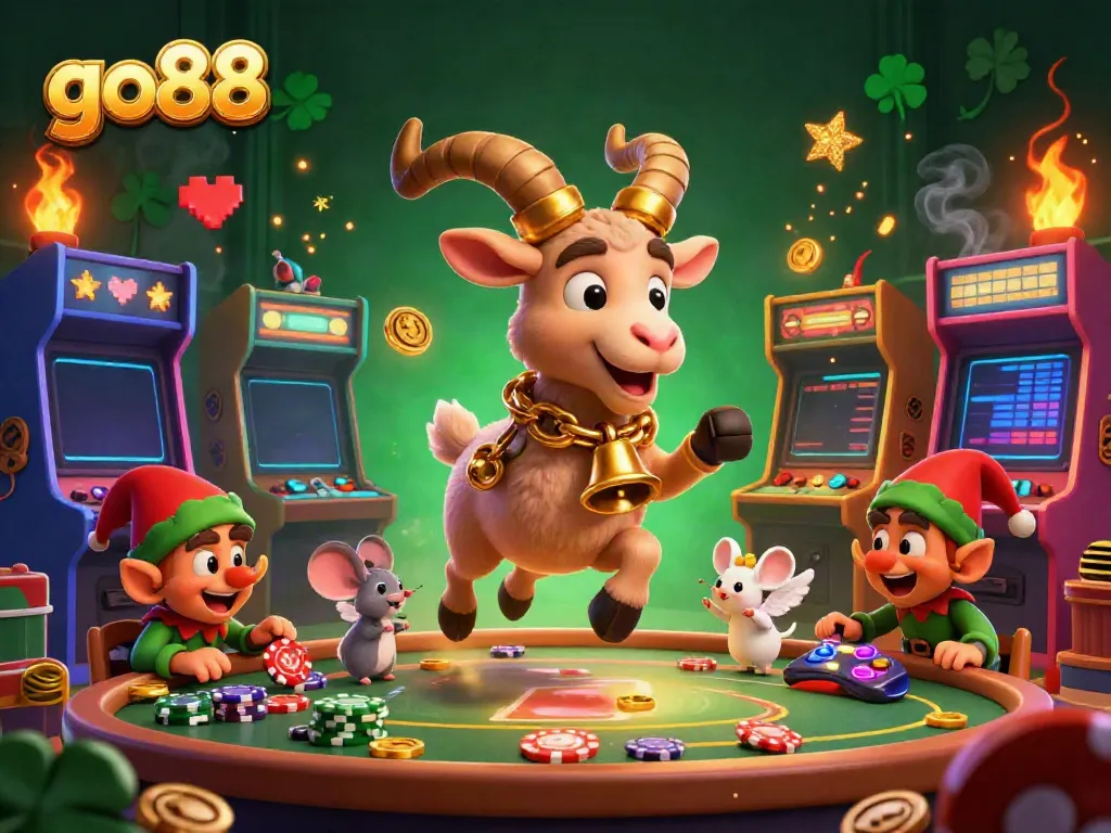 Experience thrilling gameplay at go88 with a whimsical casino scene featuring Krampus goat, angel mouse, and mischievous elves.