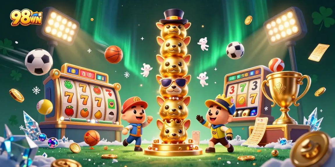 Experience thrilling jackpots and vibrant games at 98WIN with a golden totem in a dynamic casino scene.
