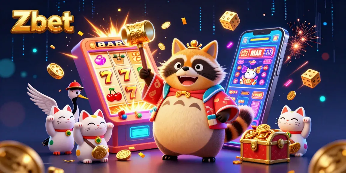 Zbet slot machine bursting with coins, featuring colorful characters and dynamic casino elements in an engaging scene.