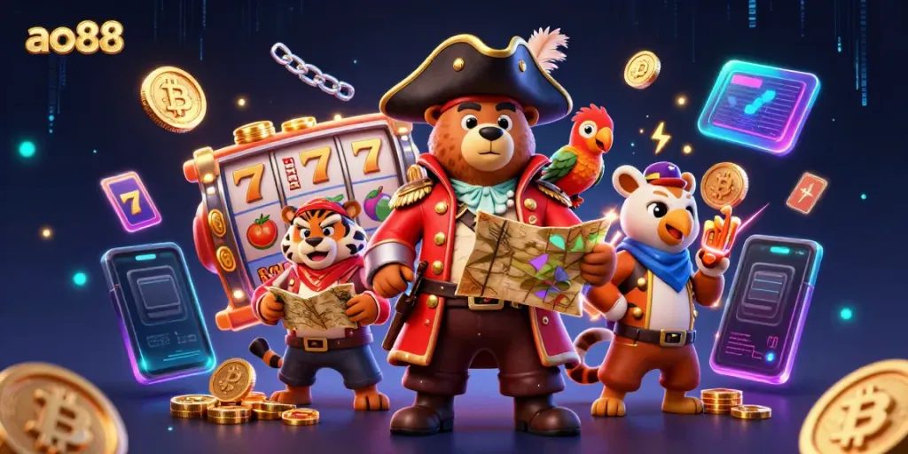 Engage in thrilling slots with ao88 featuring pirate-style characters amidst vibrant casino elements.