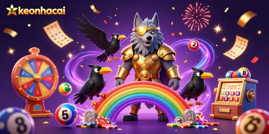 Engage with keonhacai in a vibrant lottery-themed 3D illustration featuring dynamic game elements and characters.