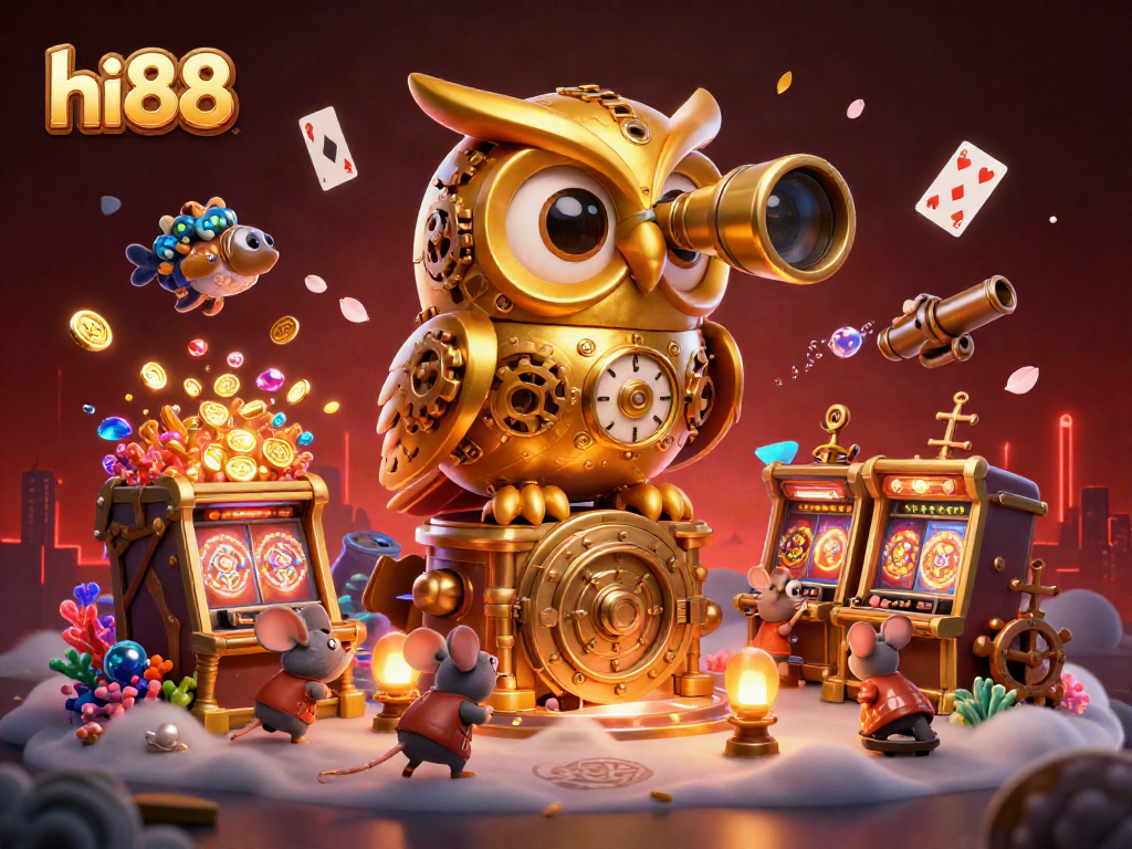 Spin the reels with hi88 as the clockwork owl watches over the bustling casino floor.