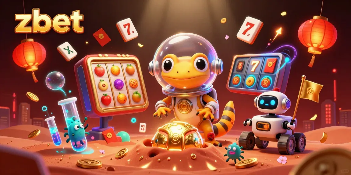 Bet big with zbet in a vibrant 3D casino scene on Mars featuring a Martian gecko and slot reels.