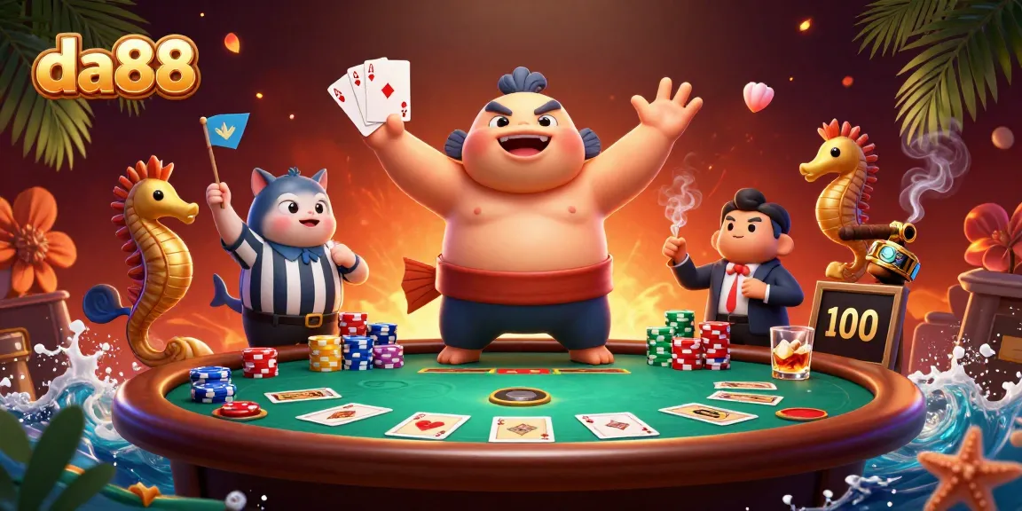 Join the thrilling da88 underwater poker match with a fugu and referee, vibrant casino scene.