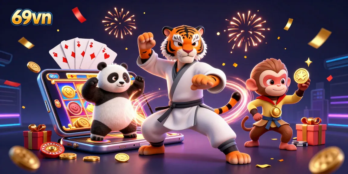 Experience the thrilling action of 69vn with vibrant slot games and charismatic characters, all in a playful casino scene.