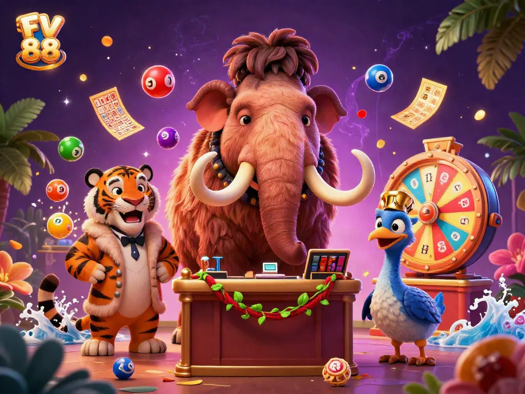 Experience the excitement at FV 88 with a whimsical casino scene featuring unique characters and vibrant game elements.