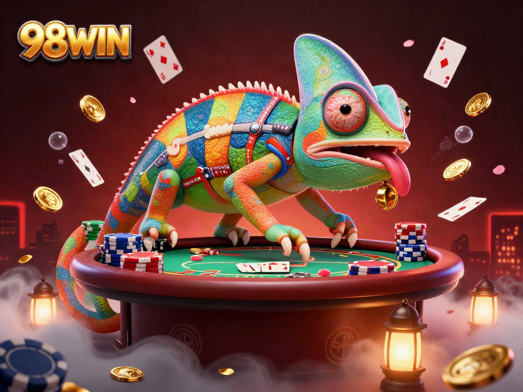 Engage with 98WIN’s colorful casino scene showcasing an animated chameleon owner amidst lively poker action.