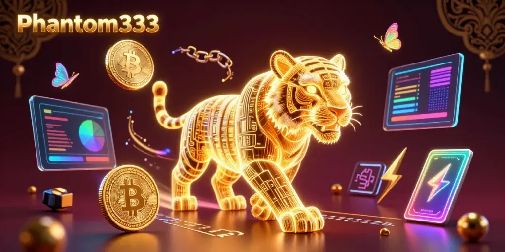 Experience Phantom333 with a vibrant, 3D casino scene showcasing gaming elements and a golden tiger.