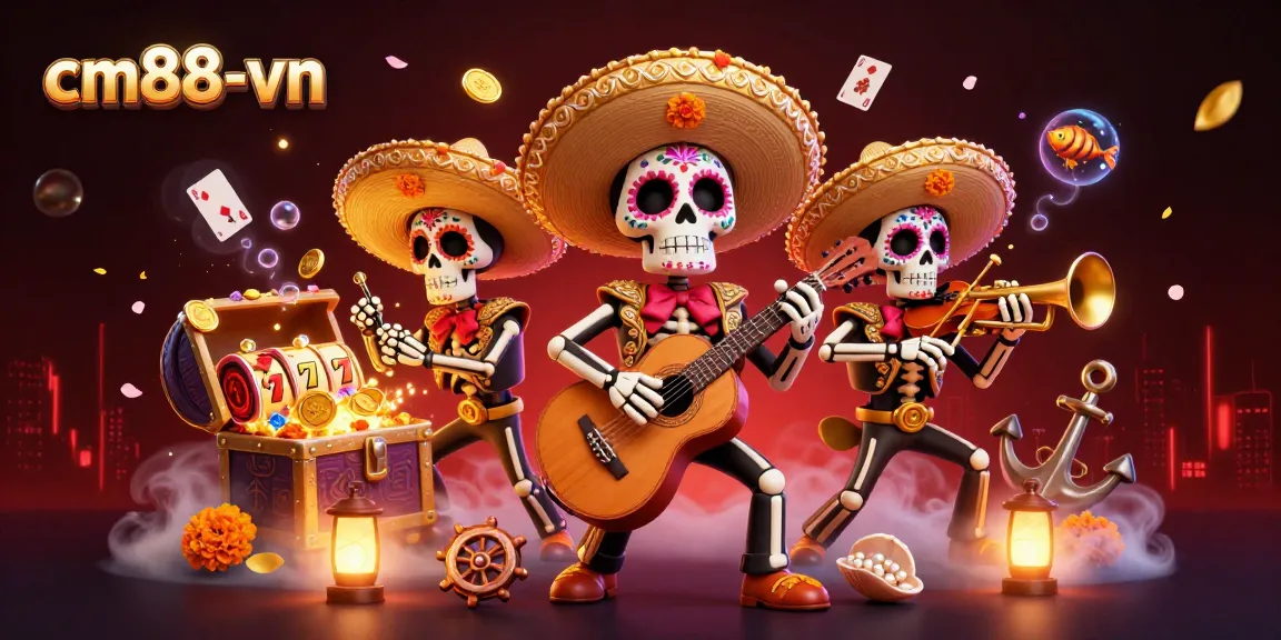 Experience exciting gaming at cm88-vn with vibrant 3D mariachi characters in a dynamic casino-themed scene.