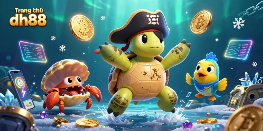 Play games on Trang chủ dh88 with thrilling visuals of cryptocurrency-inspired characters and casino elements.
