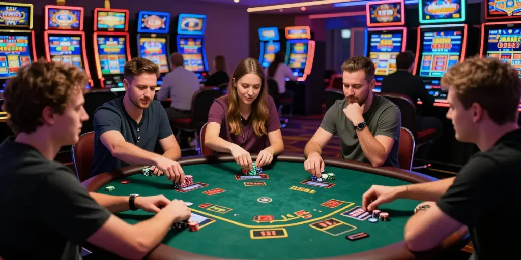 Exciting gaming scene at credit card casinos UK with players at poker table, vibrant atmosphere and casino lights.