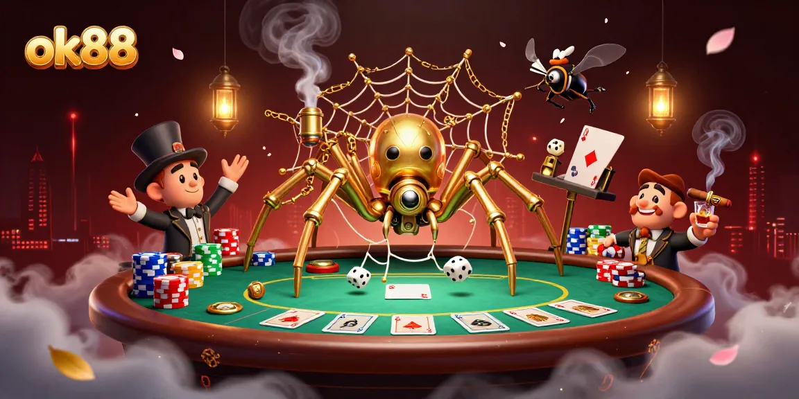 Experience thrilling wins with ok88 in a vibrant casino scene featuring playful characters and dynamic poker elements.