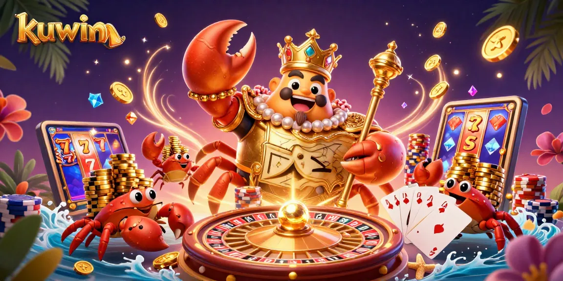 Kuwin casino experience with a golden crab emperor and treasure map, showcasing vibrant casino elements.