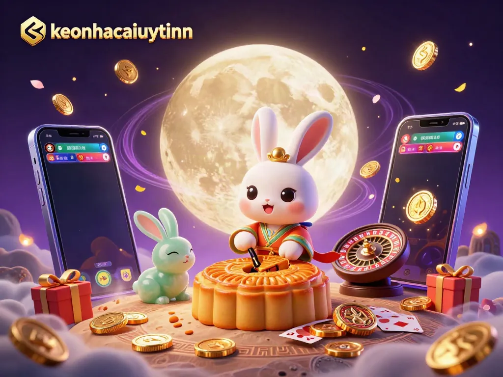 Engage in exciting competitions with keonhacaiuytinn, featuring cartoon characters on the moon, sports betting elements, and dynamic visuals.