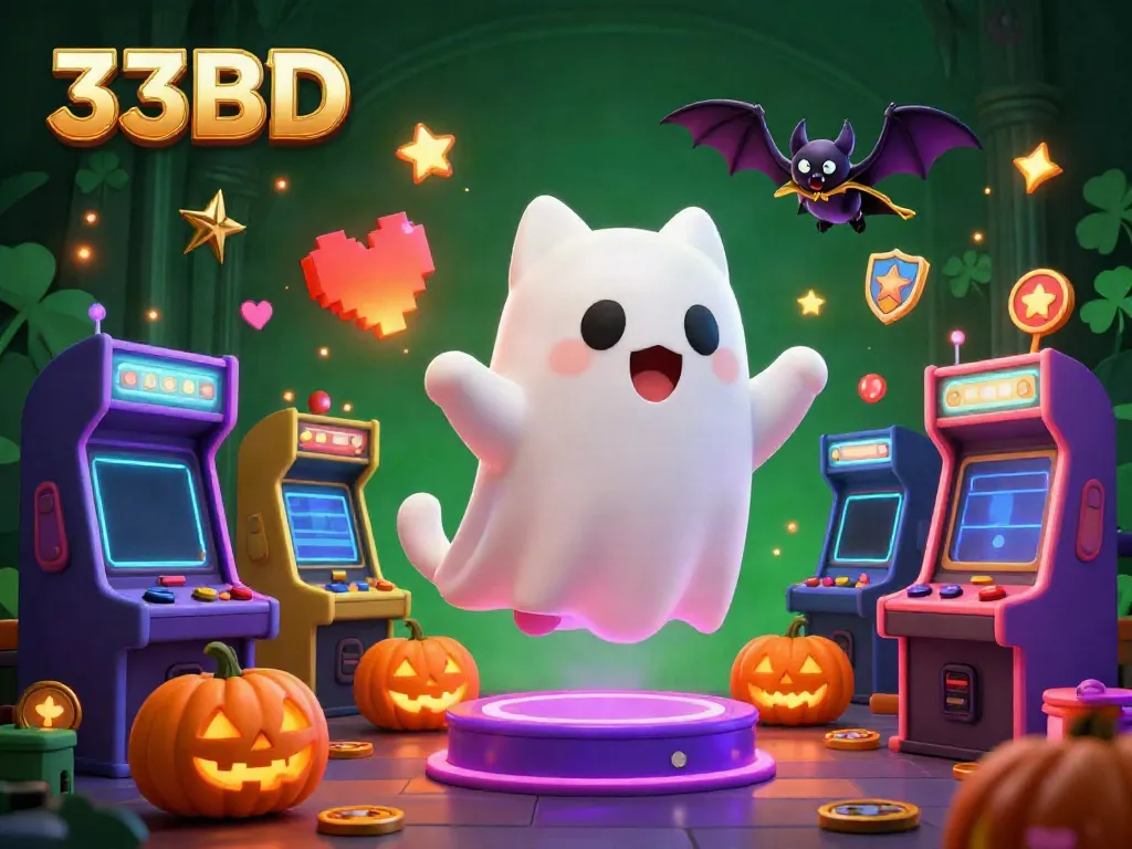 Play thrilling games at 33BD, featuring a friendly ghost cat and vibrant casino elements.