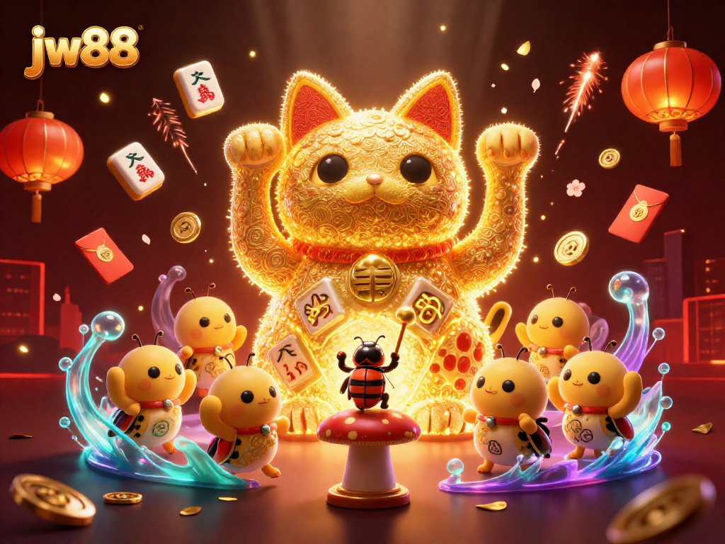 Experience the excitement of jw88 with a vibrant 3D casino scene featuring a lucky cat and colorful game symbols.