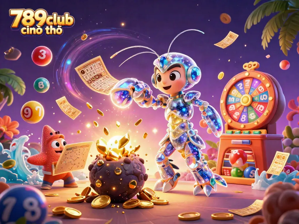 Engaging digital illustration of 789club chính chủ, featuring a powerful mantis shrimp and starfish amidst vibrant casino elements, symbolizing online gambling excitement.