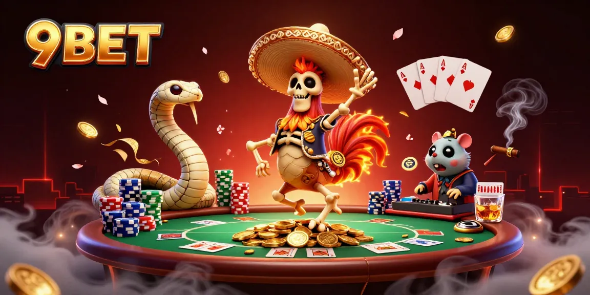 Experience the vibrant excitement of 9BET with a lively casino scene featuring a mariachi rooster celebrating victory.