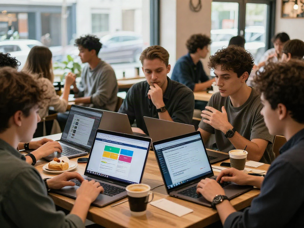 Community discussing 토토사이트 검증 먹튀스팟 strategies at café, laptops open with engaging content.