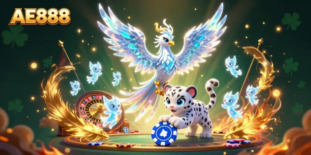 Engage with AE888's thrilling online casino experience featuring a majestic ice phoenix and vibrant game elements.