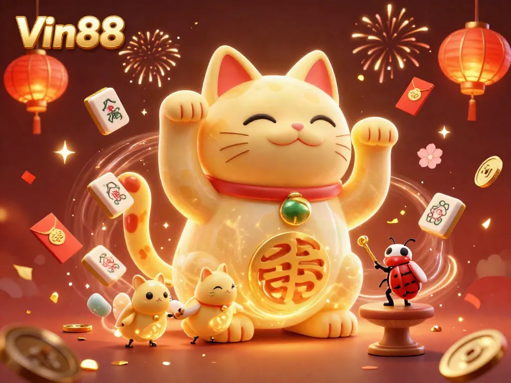 Win big with Vin88 in a vibrant 3D casino-themed digital illustration full of casino elements.