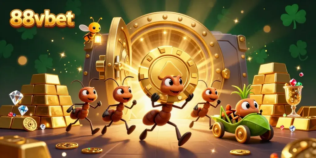 Ants steal a giant poker chip in a vibrant casino heist scene representing 88vbet entertainment.