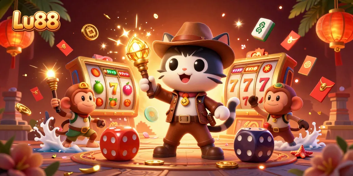 Experience thrilling wins at Lu88's vibrant casino with a cartoon cat and monkey duo discovering jackpot treasures.