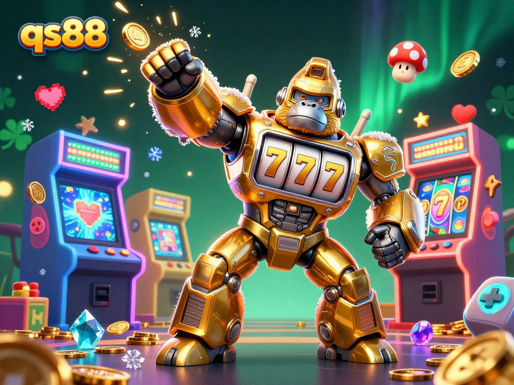 Experience qs88 excitement with a golden gorilla mech striking amidst vibrant casino elements and dazzling lights.